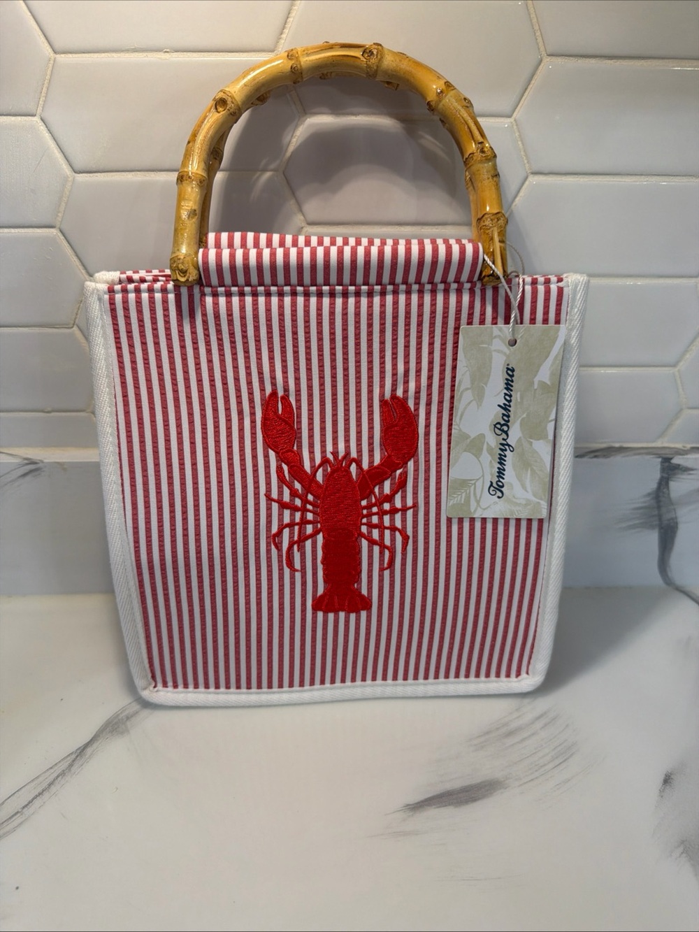 Tommy Bahama Red & White Striped Lobster Tote with Bamboo Handle